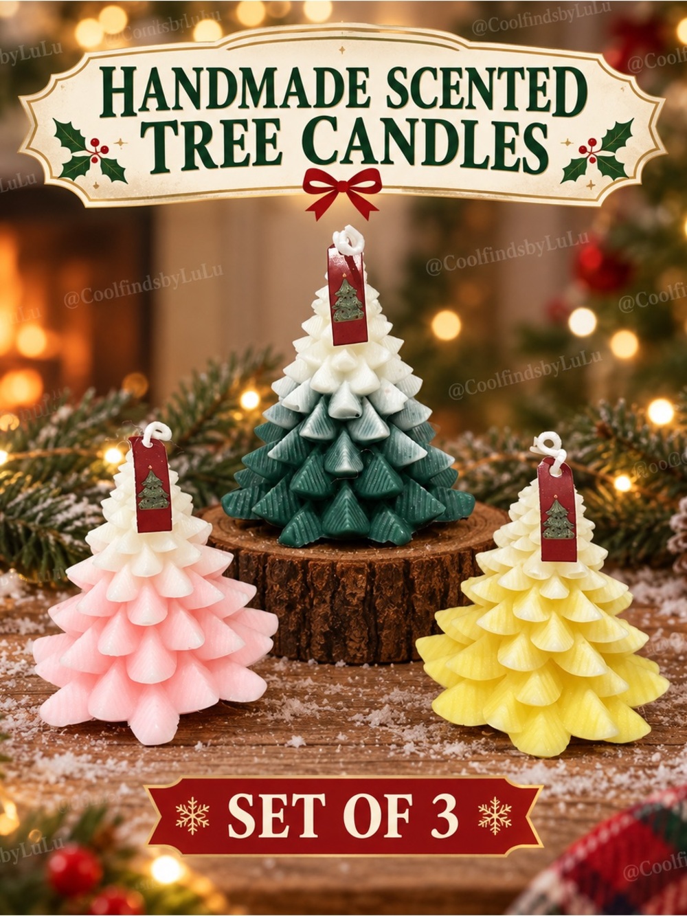 Source Unknown Handmade Scented Tree Candles - Green, Pink, Yellow - Set of 3